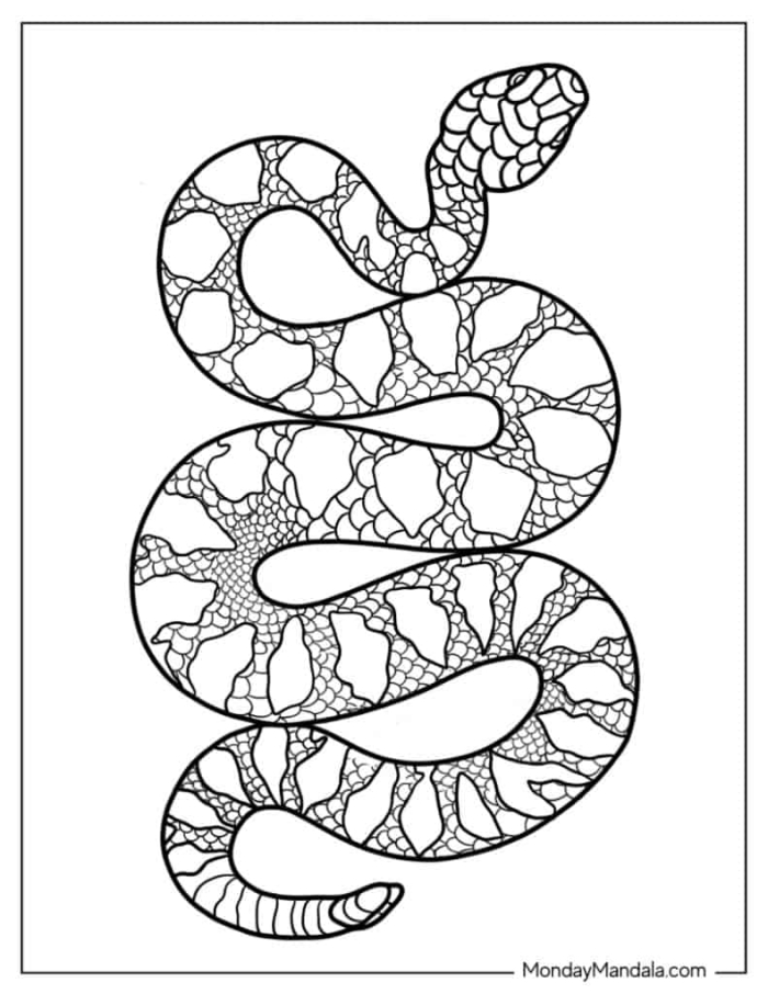 Coloring worksheet featuring hidden snakes for kids to reveal patterns