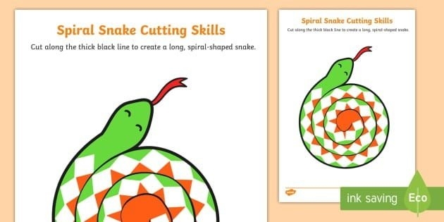 Snake Spiral Cutting Practice Worksheet for Preschoolers Pre-K student coloring and cutting out a snake spiral craft worksheet