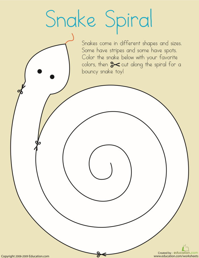 Physical Science worksheet for Pre-K Colorful spiral snake worksheet for kids to cut and color, enhancing fine motor skills. Engaging arts and crafts activity for Pre-K physical science learners.