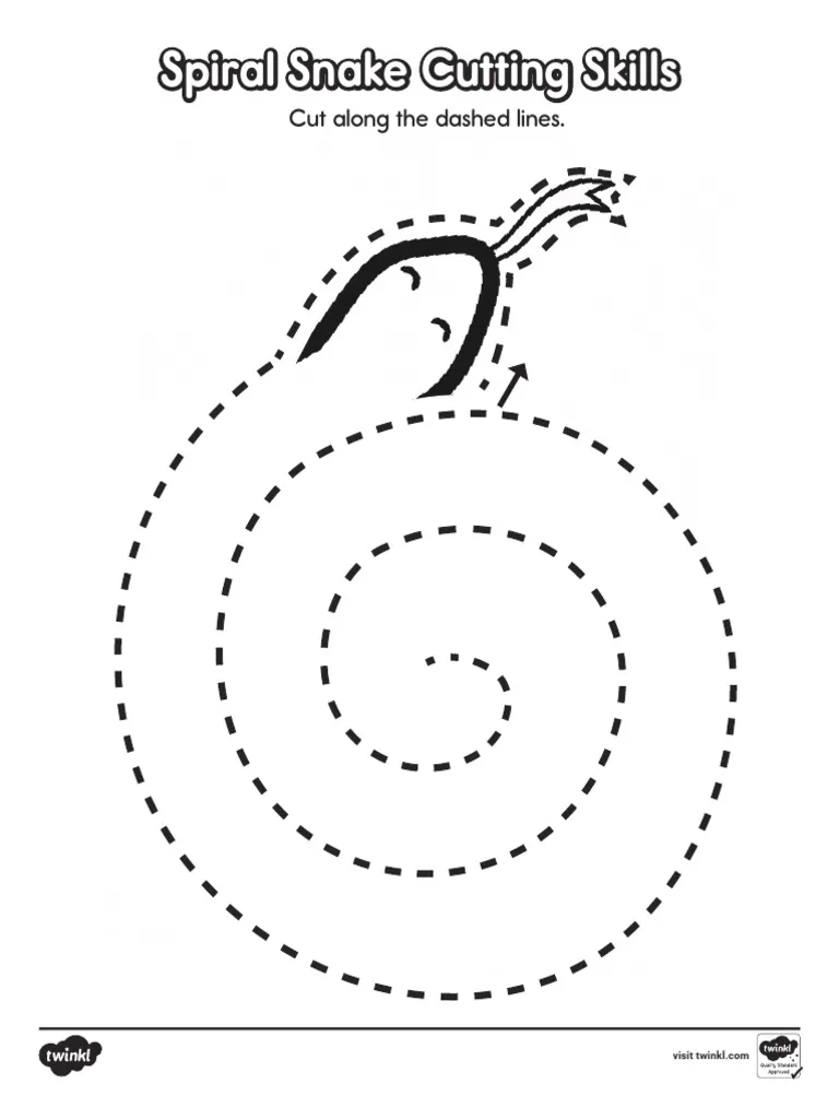 Fine motor skills practice with a snake spiral craft template worksheet 12 Pre-K student working on a snake spiral cutting and coloring activity worksheet number 12