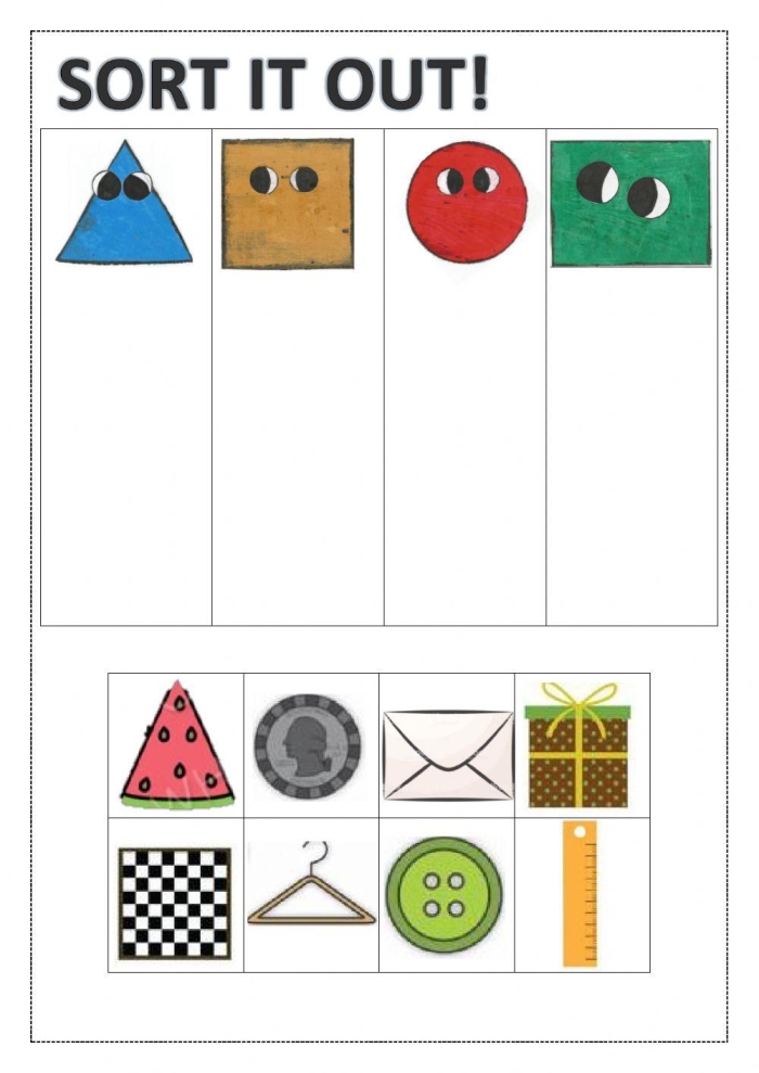 Sort It Out worksheet 5 Number Theory assessment for young learners Pre-K student working on a Sort It Out worksheet to categorize colorful shapes