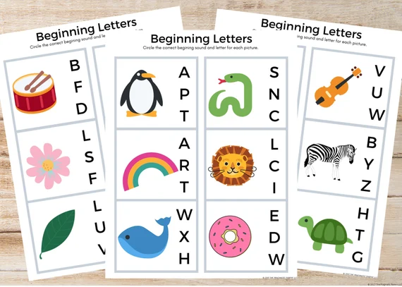 Pre-K phonics worksheet for identifying beginning sounds of objects in rows