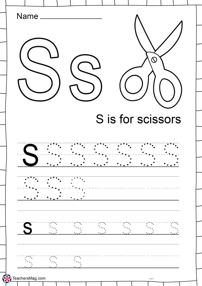A colorful phonics worksheet featuring various objects that begin with the letter S for Pre-K students