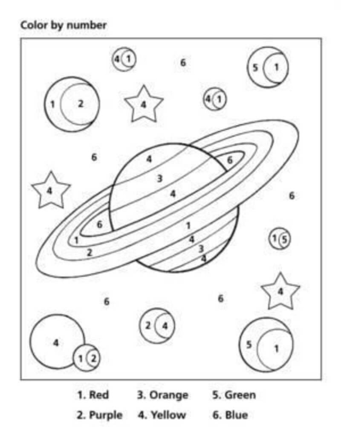 Pre-K color by number outer space worksheet with a friendly alien, planets, and rocket ship
