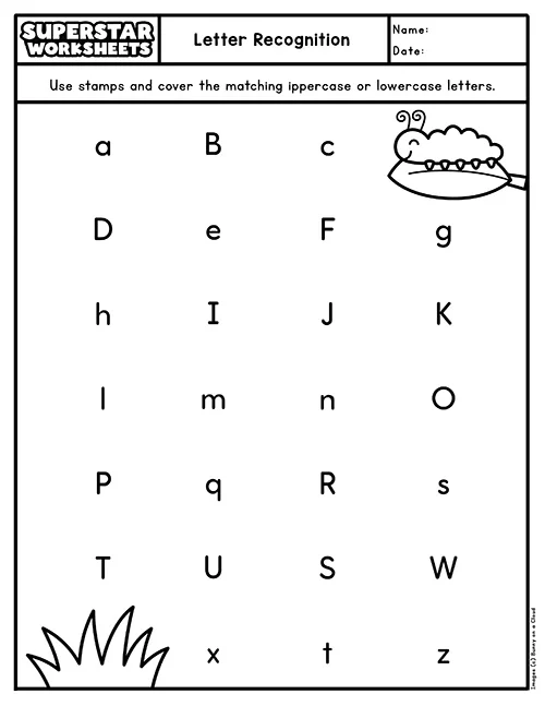 A young student completes an Identifying Letters Assessment worksheet themed with space illustrations for pre-k learners.