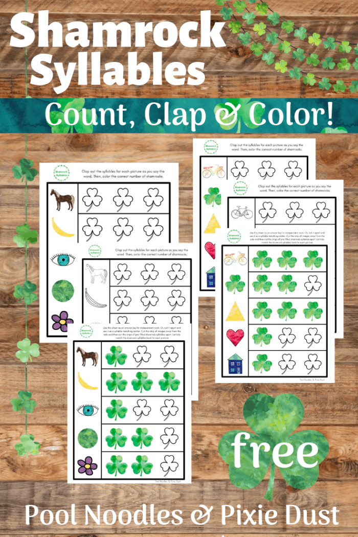Shamrock-themed worksheet for Pre-K subtraction practice featuring coloring activities
