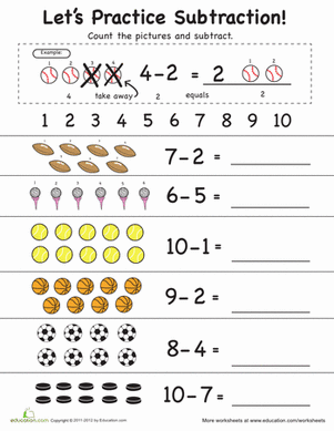 Colorful spring-themed worksheet featuring subtraction activities with bees, hens, and daffodils for young learners. Let's Practice Subtraction! 1–10 worksheet for Pre-K children.
