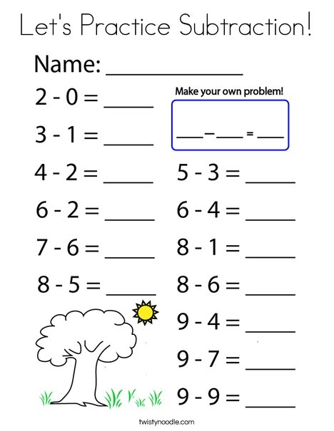 Colorful spring-themed worksheet for practicing subtraction with bees, hens, and daffodils. Let's Practice Subtraction! 1–10 worksheet for Pre-K students.