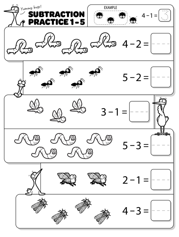 Colorful worksheet featuring preschoolers practicing subtraction with springtime images of birds, bugs, and eggs. Let's Practice Subtraction! 1–5 worksheet for Pre-K students.