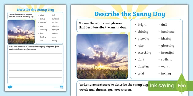 Pre-K worksheet page featuring various icons related to weather and outdoor activities for a sunny day lesson
