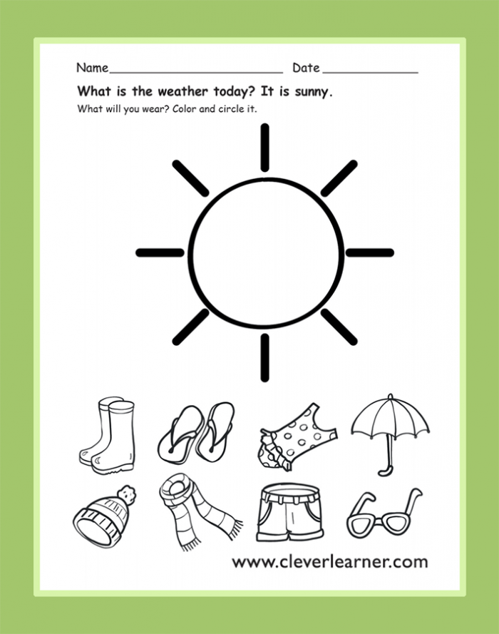 Pre-K worksheet page featuring various items to identify for a sunny day lesson