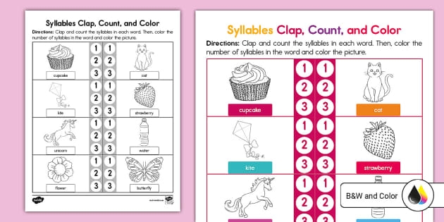 Syllable counting activity with visual clapping demonstration for early phonemic awareness practice Children clapping and counting syllables in words with colorful illustrations for pre-K learners