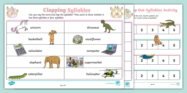 Syllables Clap Count and Write Activity Sheet 9 Children clapping and counting syllables with colorful word illustrations on a pre-kindergarten worksheet