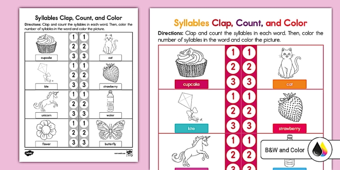 Syllables: Clap, Count, and Write worksheet image 3 showing students practicing syllable recognition through interactive clapping exercises Children clapping and counting syllables while looking at picture cards in a Pre-K worksheet activity