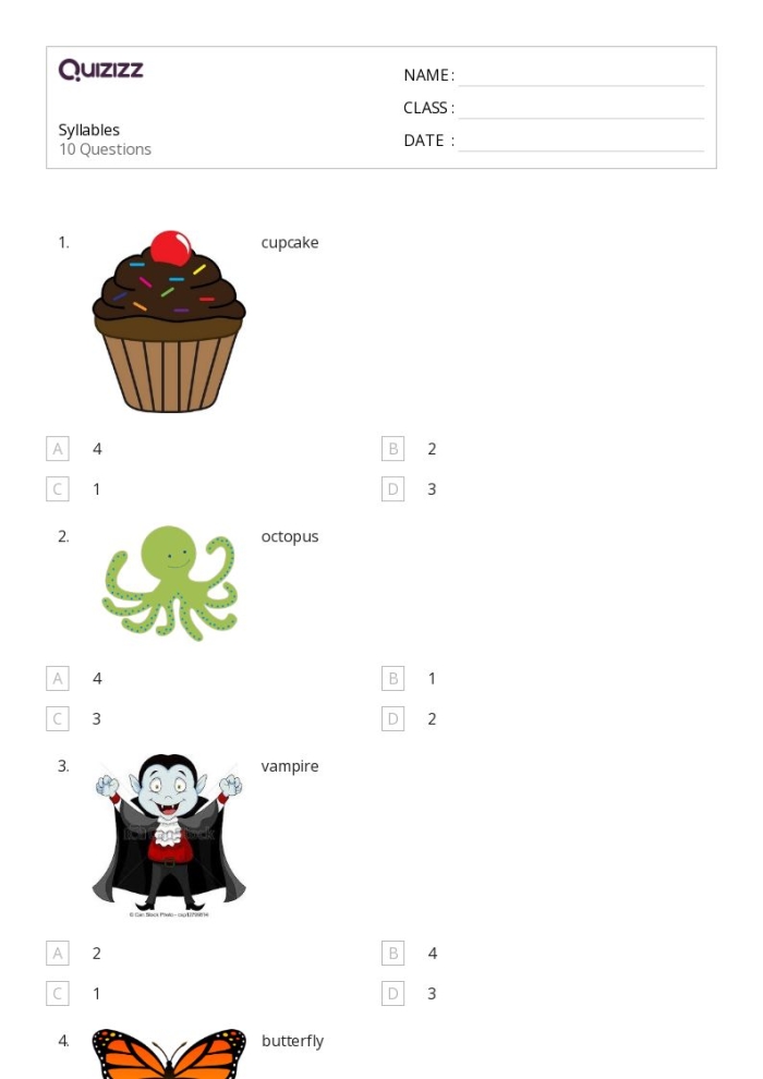 Interactive Syllables Quiz for Early Learners - Worksheet Image 20 Syllables quiz worksheet for Pre-K students practicing word beats through clapping