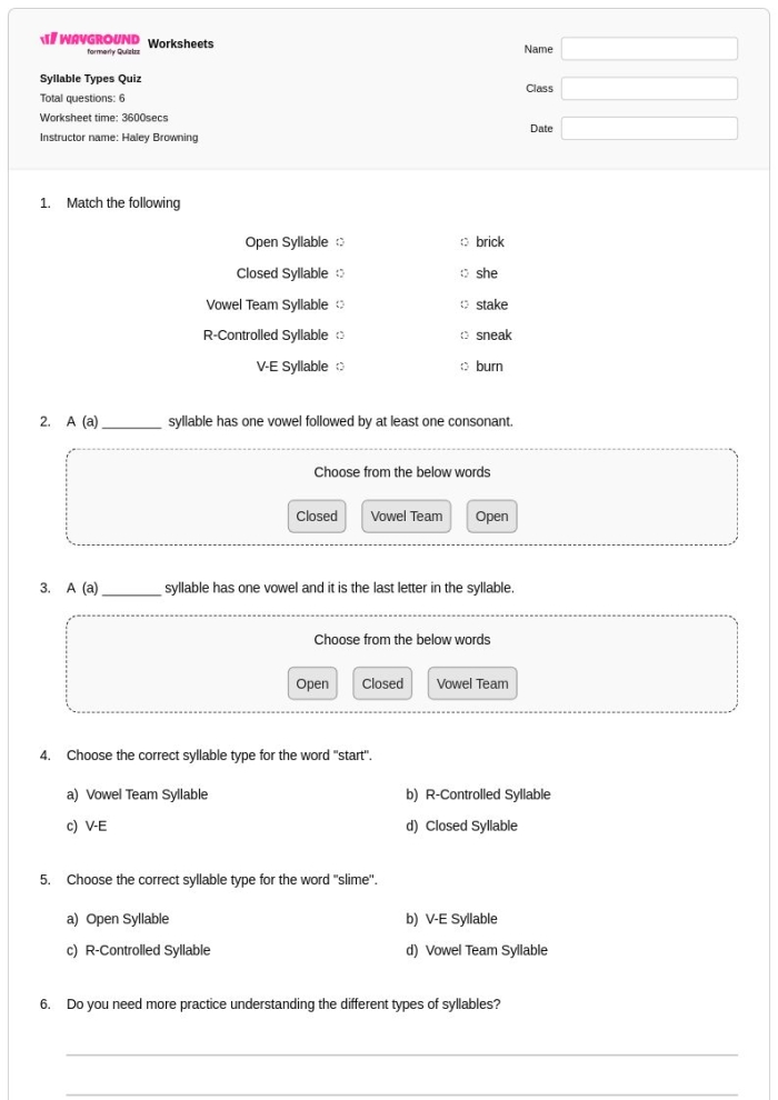 Interactive activity to enhance syllable recognition in early learners Syllables quiz worksheet for Pre-K students to practice clapping beats in words