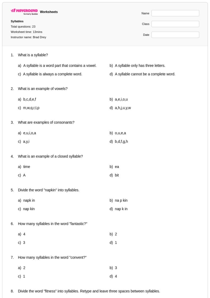 Engaging activity sheet to help young learners identify syllables in words Syllables Quiz worksheet for Pre-K students focusing on clapping out word beats