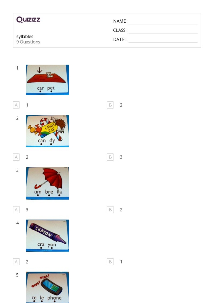 Engaging activity to help young learners identify syllables in words Syllables Quiz worksheet for Pre-K students, featuring word clapping practice