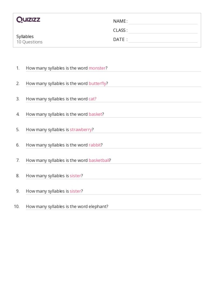Engaging activity to help young learners identify syllables in various words Syllables Quiz worksheet for Pre-K students to practice clapping out beats in words