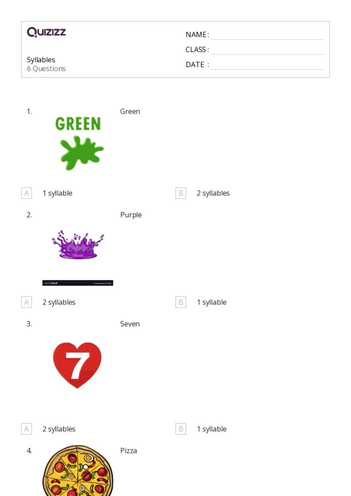 Engaging activity for young learners to identify syllables by saying words aloud Syllables quiz worksheet for Pre-K students to practice clapping out word beats
