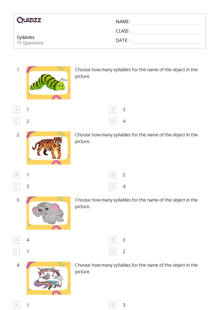 Interactive activity for clapping syllables while learning about the alphabet Syllables Quiz worksheet for Pre-K students to practice counting beats in words
