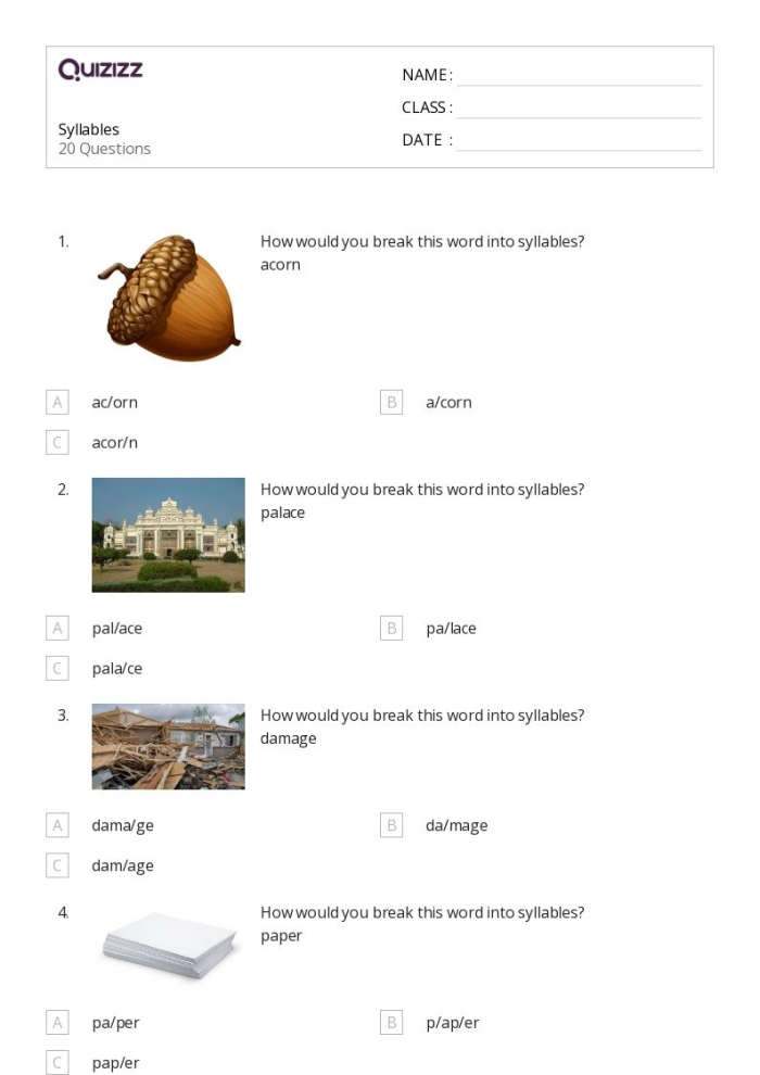 Engaging activity for clapping out syllables and enhancing phonemic awareness Syllables Quiz worksheet for Pre-K students to practice counting beats in words