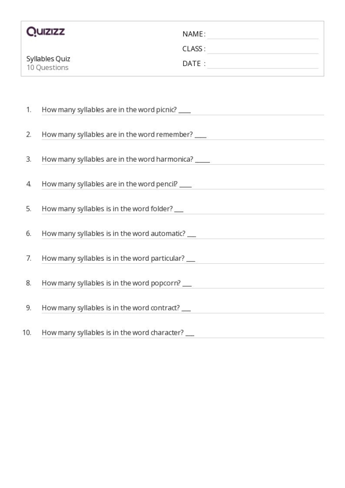 Engaging activity to help young learners identify syllables through clapping Syllables quiz worksheet for Pre-K students to practice counting beats in words