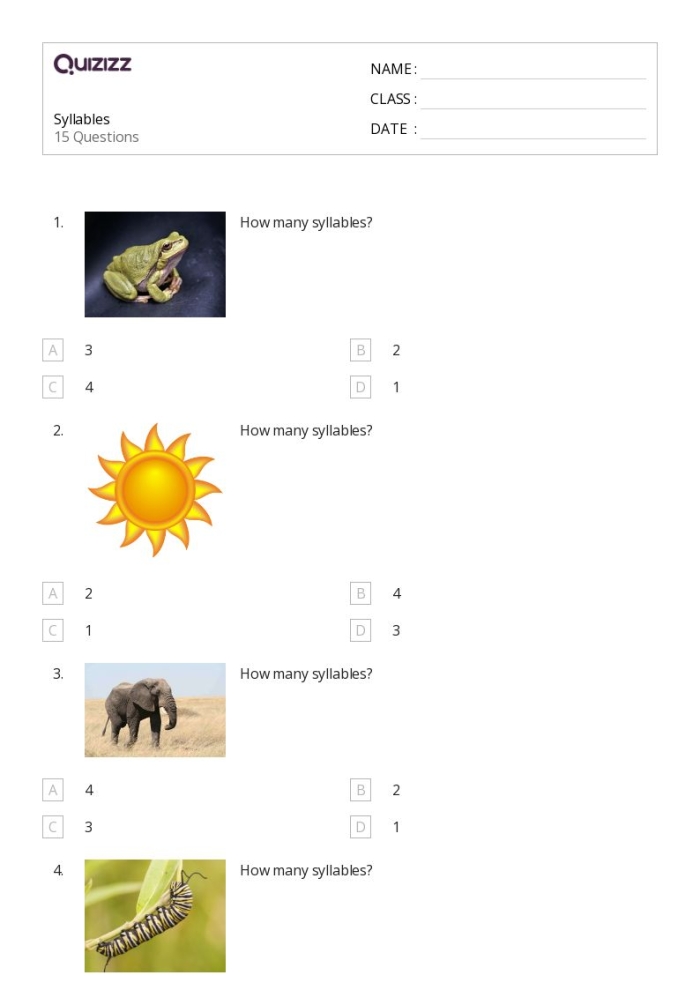 Interactive Syllables Quiz worksheet for early alphabet learning Worksheet showing a Syllables Quiz for Pre-K students to practice clapping out word beats