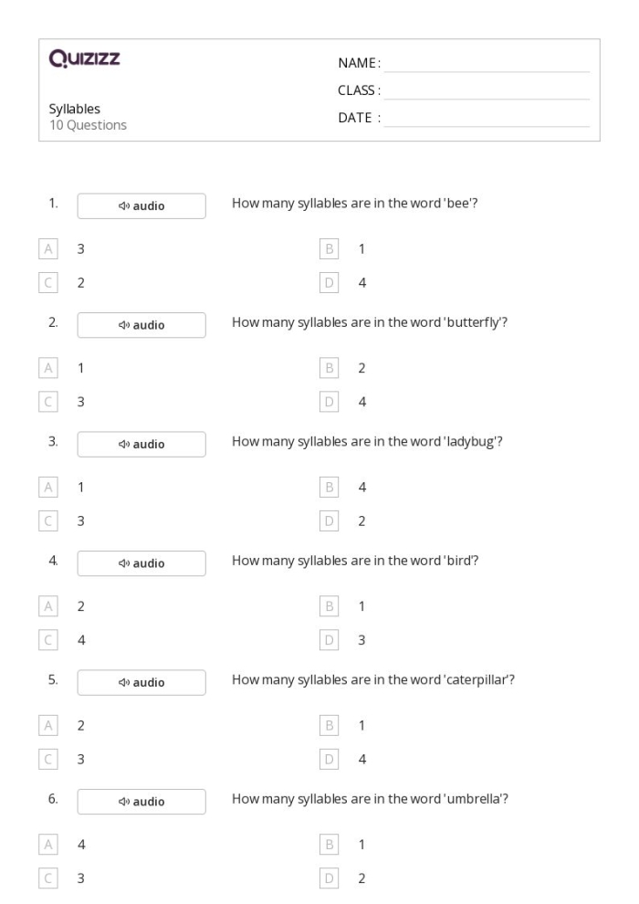 Engaging Syllables Quiz worksheet to enhance early literacy skills Syllables Quiz worksheet for Pre-K students focusing on clapping out word beats