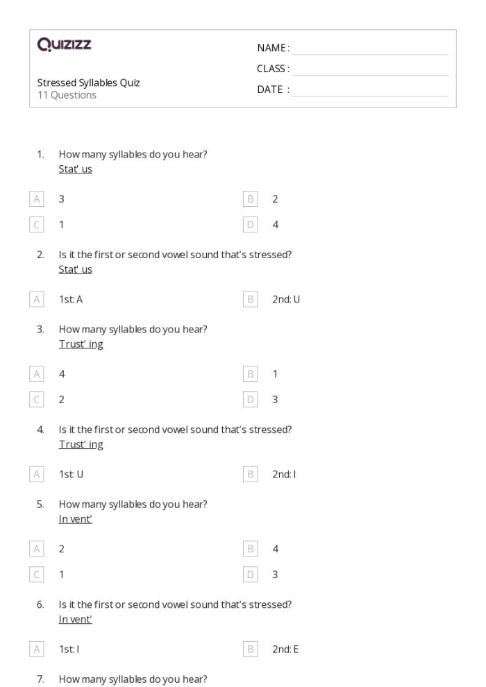 Interactive exercise for identifying syllables through verbal engagement Syllables quiz worksheet featuring words for clapping practice in Pre-K learning