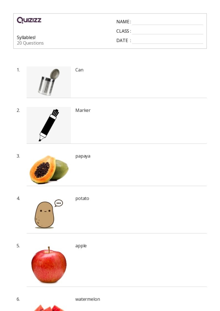 Syllables Quiz Worksheet for Pre-K: Engage with beats and word sounds Worksheet featuring a Syllables Quiz for Pre-K students to practice clapping out beats in words