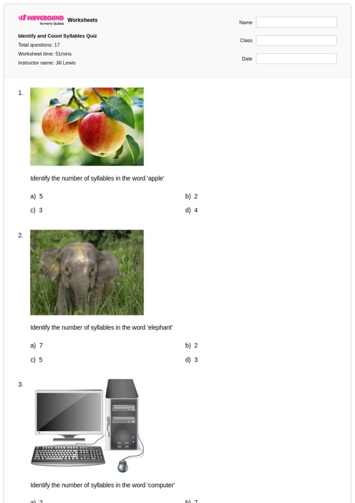 Interactive activity to help children learn syllable sounds through clapping Syllables Quiz worksheet for Pre-K students to practice identifying word beats