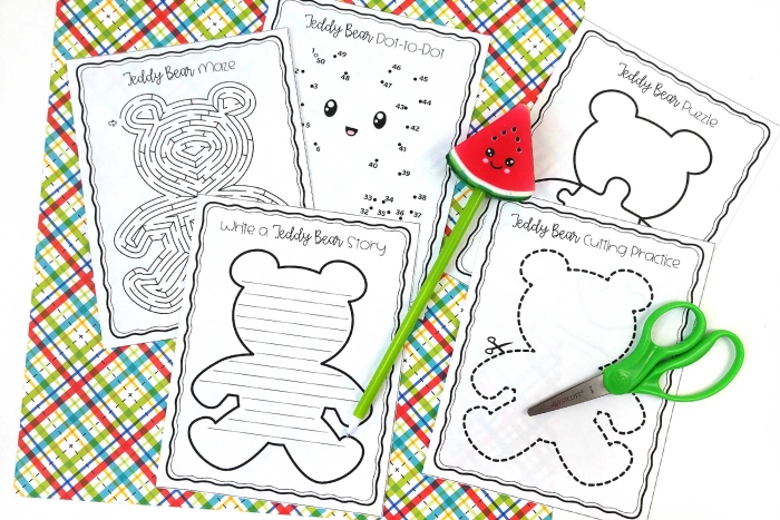 Pre-K teddy bear counting worksheet with cute bears for children to color and count