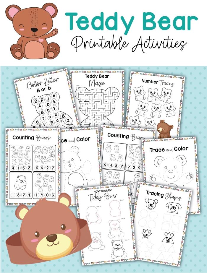 Pre-K worksheet featuring a group of teddy bears to count and color for lesson 21