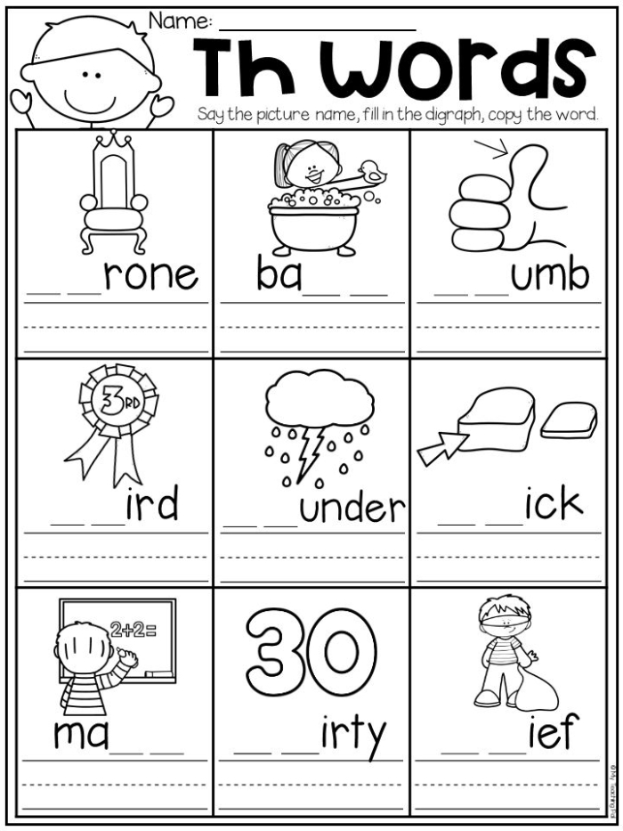 Letter Book TH worksheet for early literacy and phonics practice 14 Pre-K grammar worksheet featuring an interactive activity to identify words starting with the digraph th