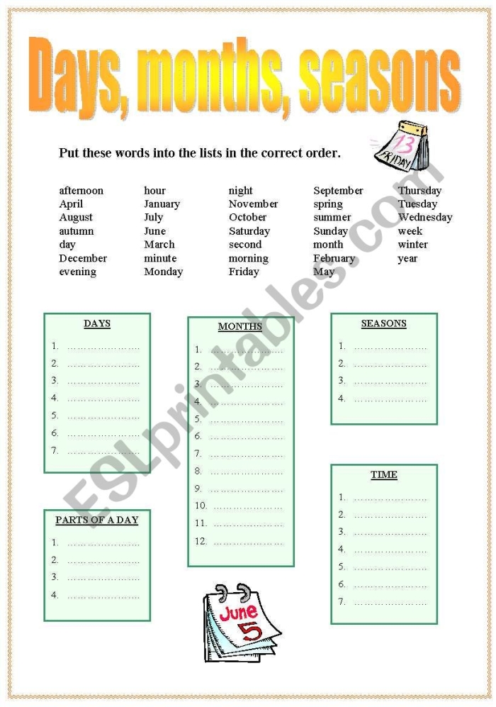 Days, Months, and Seasons Check-In worksheet for Pre-K students to enhance their understanding of time concepts