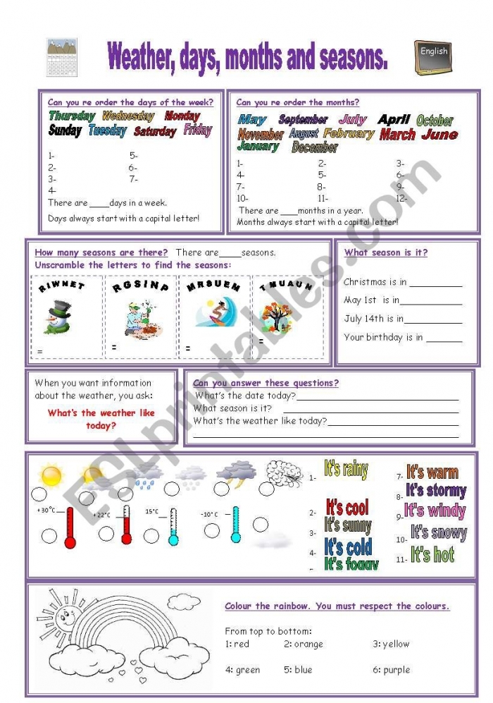 Days, Months, and Seasons Check-In worksheet for Pre-K students to learn about time concepts