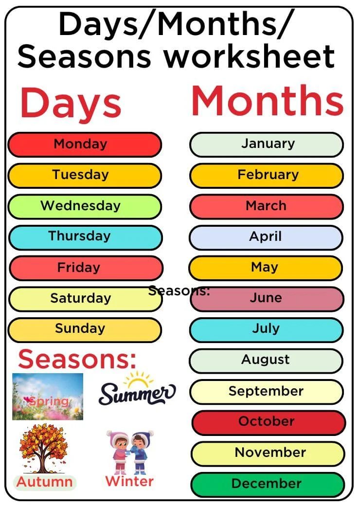 Days, Months, and Seasons Check-In worksheet for Pre-K students learning about time