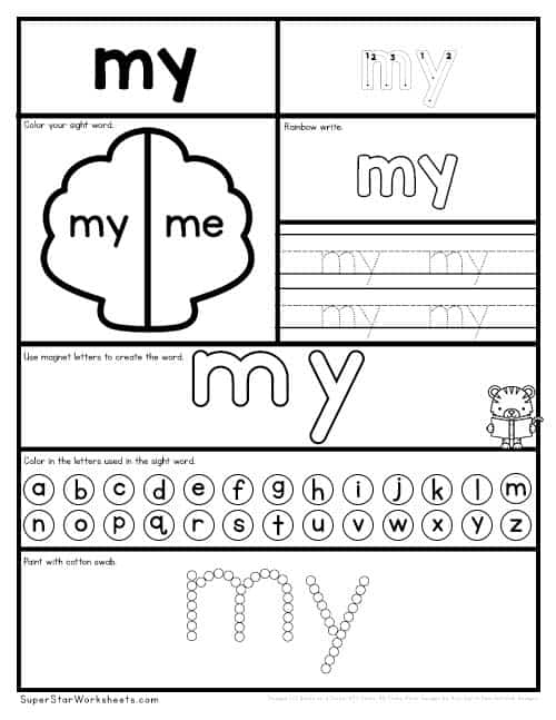 Pre-K worksheet featuring a tracing activity for the sight word my