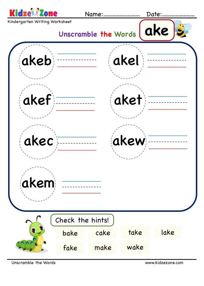 Worksheet featuring the "-ake" word family for tracing and word finding activities