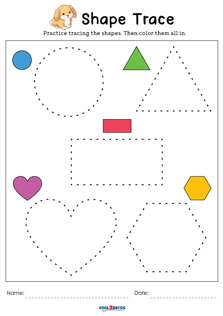 Pre-K student tracing basic geometric shapes on a printable handwriting practice sheet
