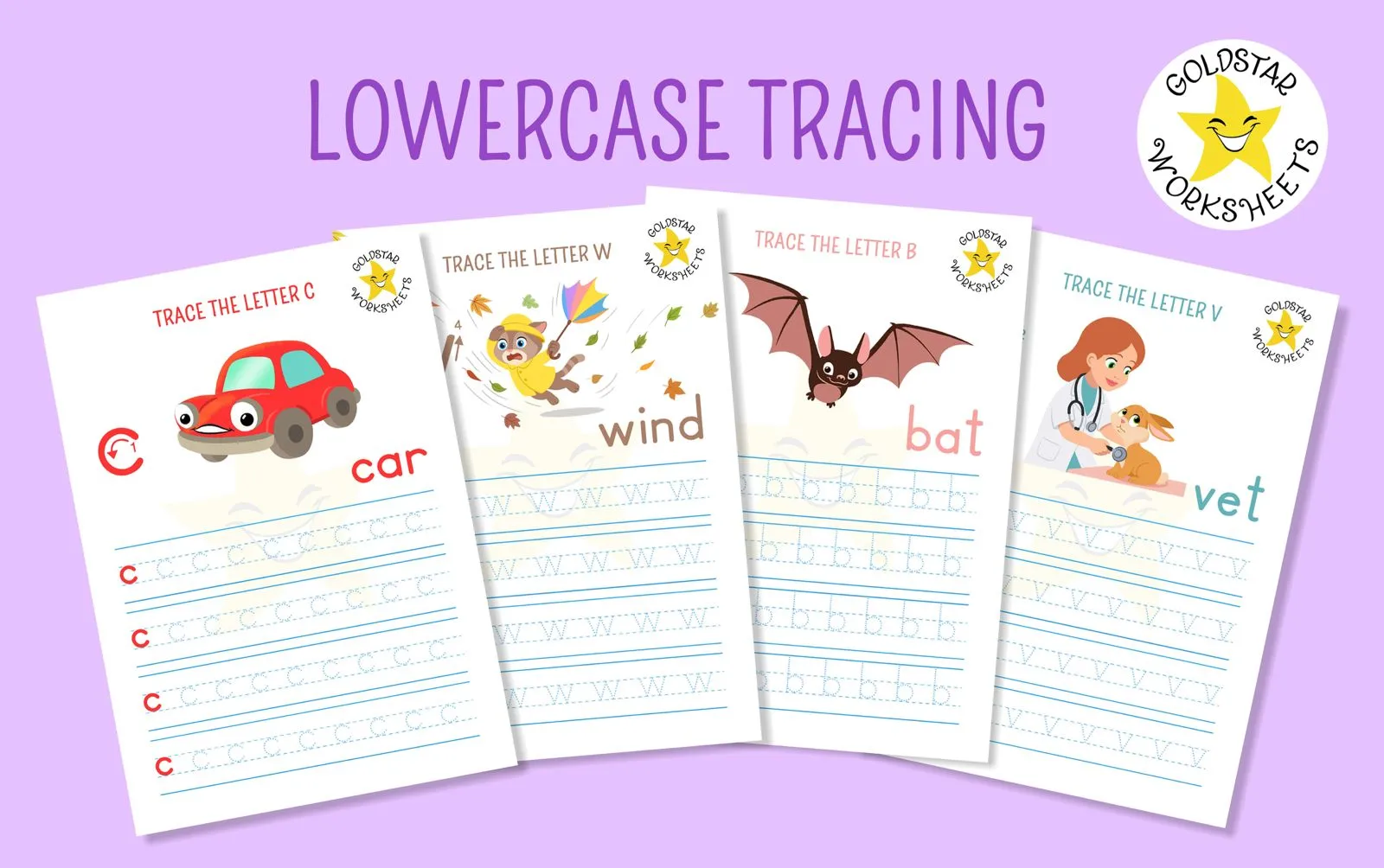 Pre-K alphabet worksheet for tracing lowercase letters c, o, and a with curvy writing lines