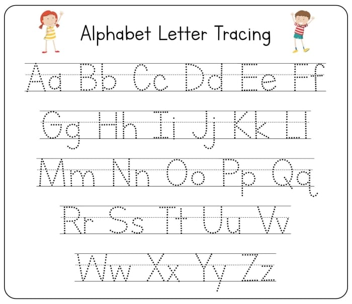 Pre-K alphabet worksheet showing the letter A with dotted lines for tracing practice