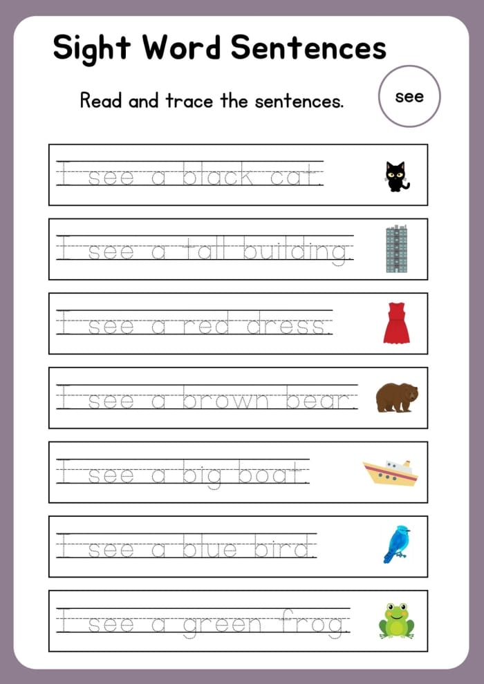 Pre-K student tracing simple sentences on a practice handwriting worksheet