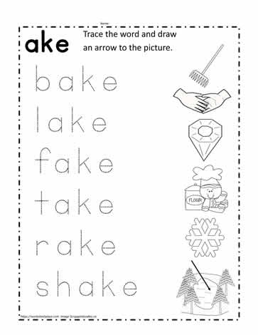 Pre-K worksheet page featuring tracing exercises and a word search for the -ake word family