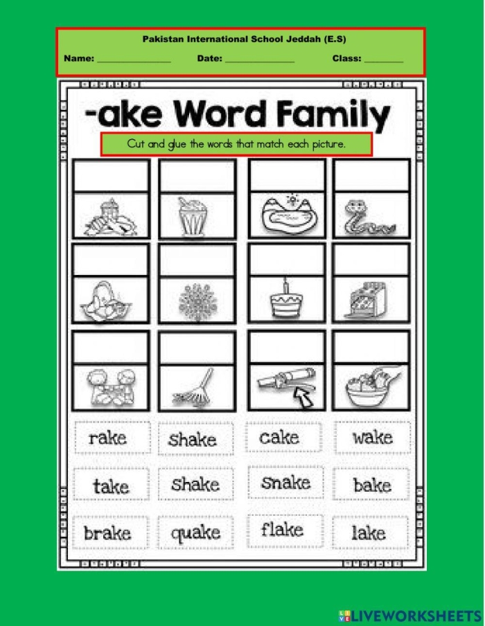 Children practicing tracing words from the "-ake" word family on a fun worksheet