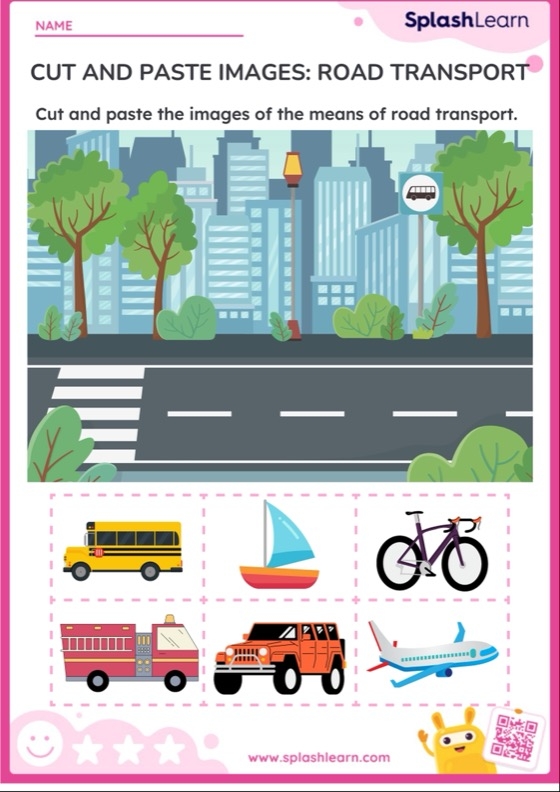 Pre-K student sorting different vehicles onto a scene in this transportation cut-and-paste activity