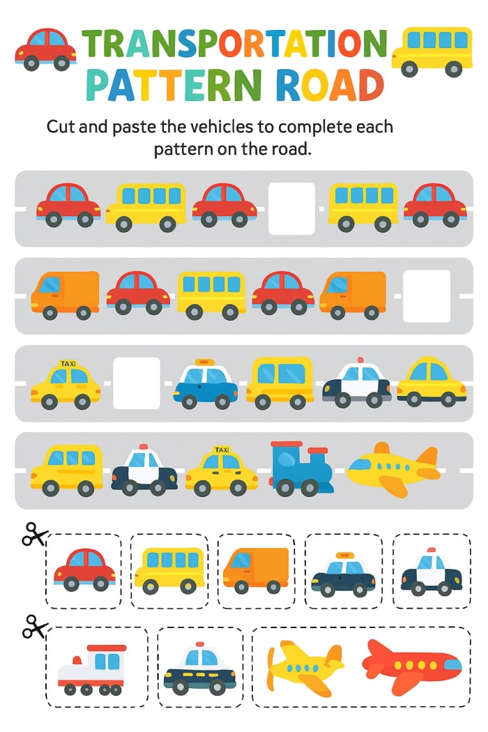 Transportation Patterns Worksheet 9: Find the Next Vehicle in the Sequence Pre-K students completing a transportation patterns worksheet with cars, trucks, and buses in sequence for multiplication practice