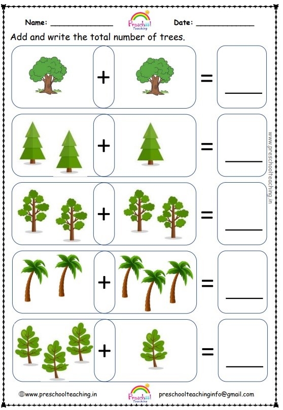 How Many Trees Are There? counting and addition worksheet for young learners Colorful worksheet for counting trees and learning numbers for Pre-K children