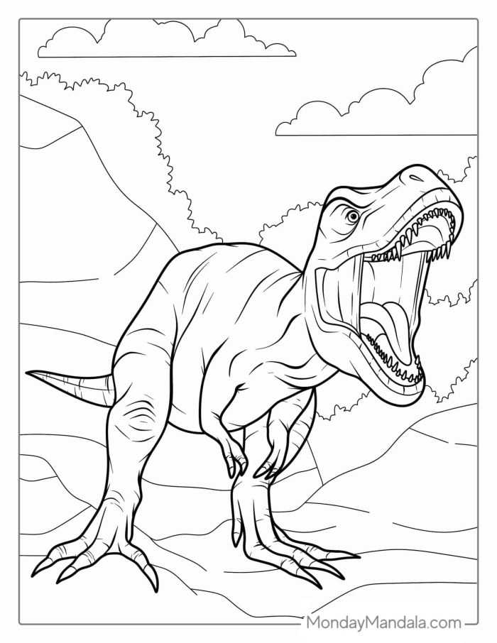Pre-K dinosaur coloring worksheet featuring a fierce Tyrannosaurus Rex ready to pounce